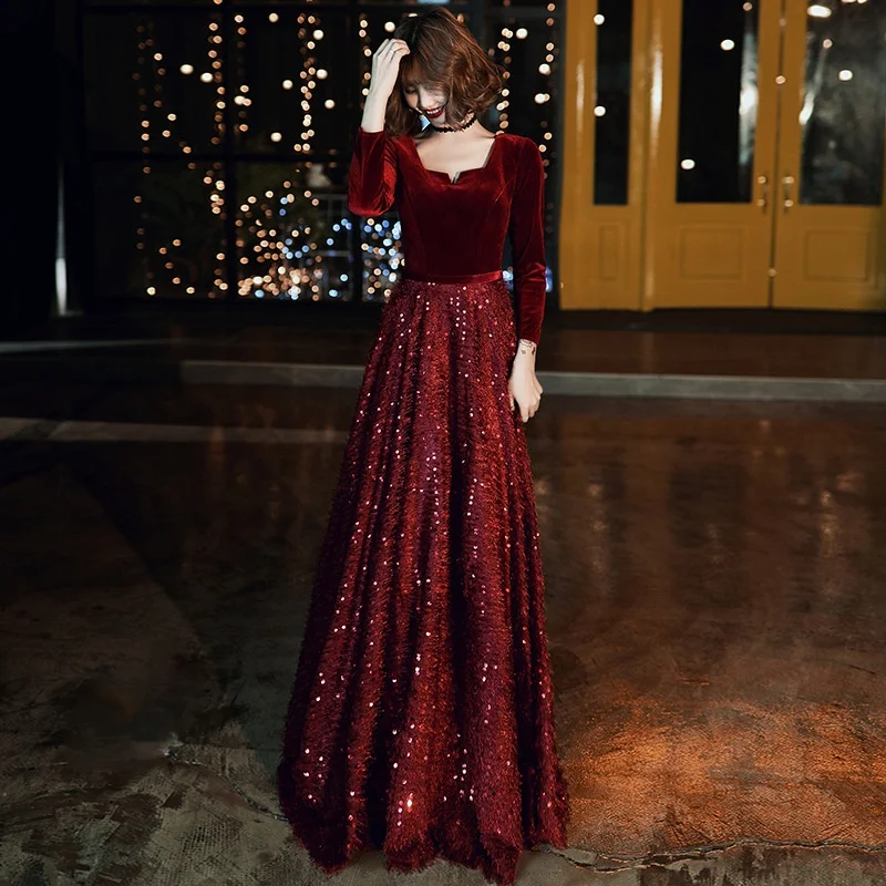 

Fashion Full Sleeve Burgundy Sequined Evening Dresses Sequined Maxi Evening Gown