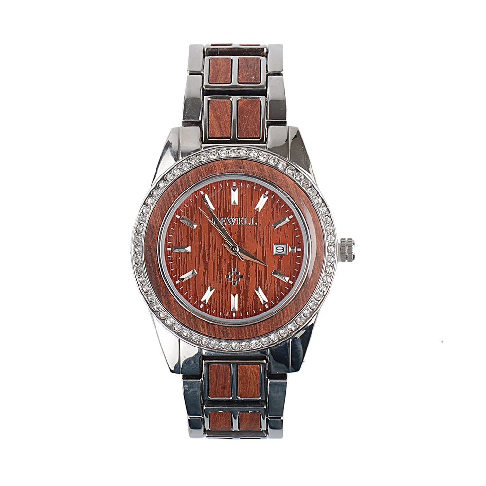 

New type of wood watch metal steel color watch band stainless steel metal watch with diamond decoration case