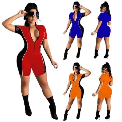 

2022 New Arrivals Womens Casual Solid Color Spliced Mesh Zipper Slim V-neck Short Sleeve Jumpsuit, Picture