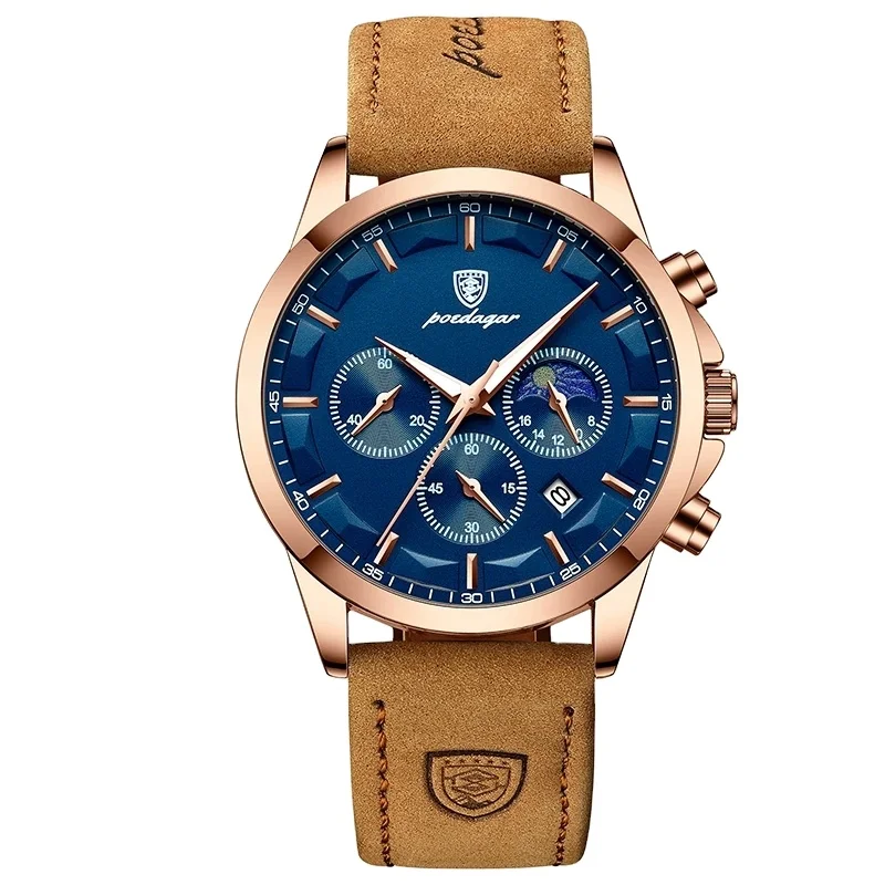 POEDAGAR 928 Men Quartz Watch Sports Waterproof Chronograph Luminous Date Man Wristwatch Business Leather Men's Clock