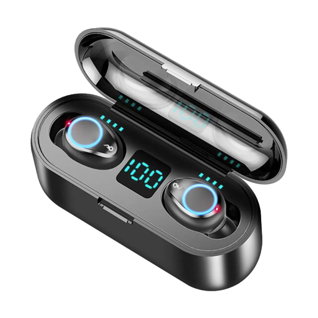 

Earphone headphone wireless with 2000mah charging cell kulaklik earpiece F9 earphone fon kepala TWS earbuds led, Black
