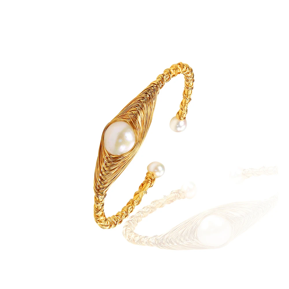 

Private Custom Wire Wrapped Natural Freshwater Pearl Open Bangle, Picture