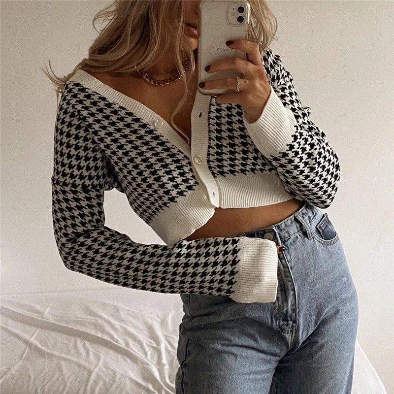 

Houndstooth Sueter Mujer Long Sleeve Knitwear Wholesale Ladies Cardigan Sweaters Crop Sweater Cardigan For Women