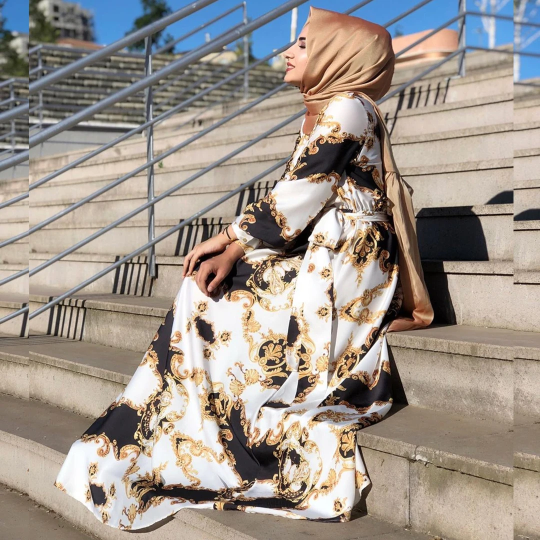 

Women Summer Floral Printed Muslim Long Dress Latest Designs Dubai Party Islamic Clothing Muslim Dress Women, As shown