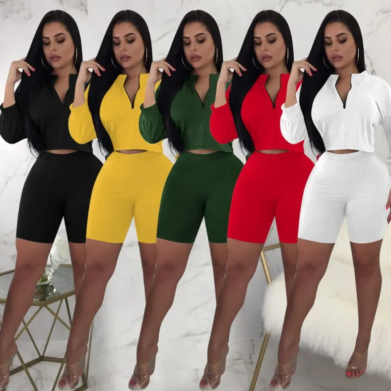 

LLDRESS New Design 5 Color Casual Sport 2 Piece Set Women Clothing Plus Size Biker Short Set 2 Piece Short Set