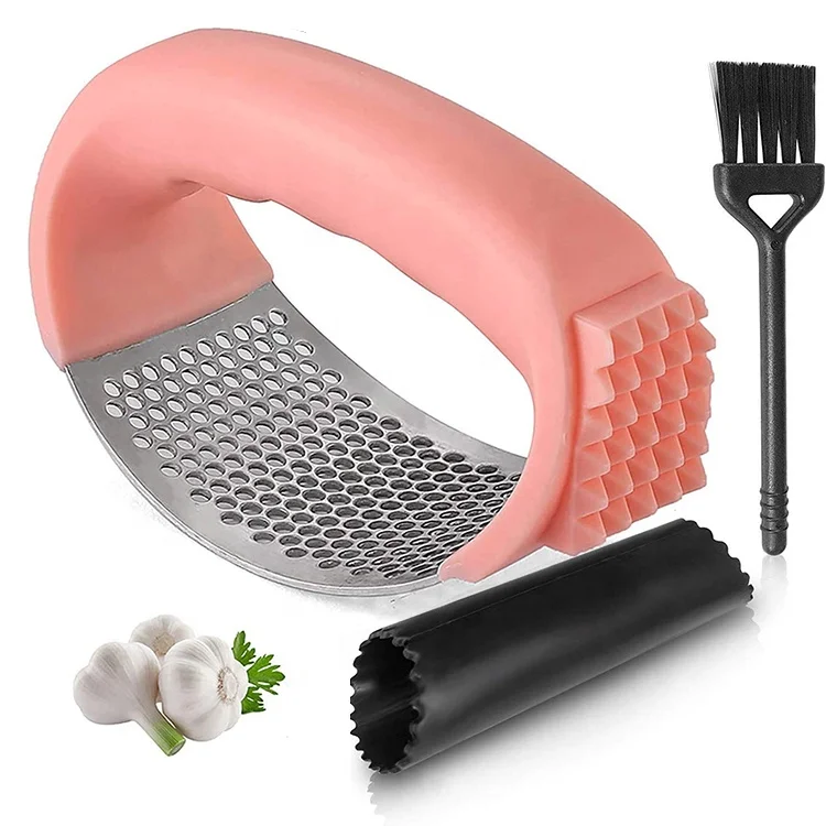 

Amazon Best Seller black garlic press Better Quality Pink 2 In 1 Stainless Steel Garlic Peeler Press Set With Cleaning Brush