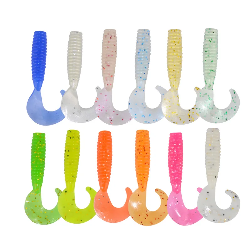 

Wholesale fishing bait 45mm/1.2g Coiled tail Luminous soft worm mini lures trout baits fishing products, 12 colors