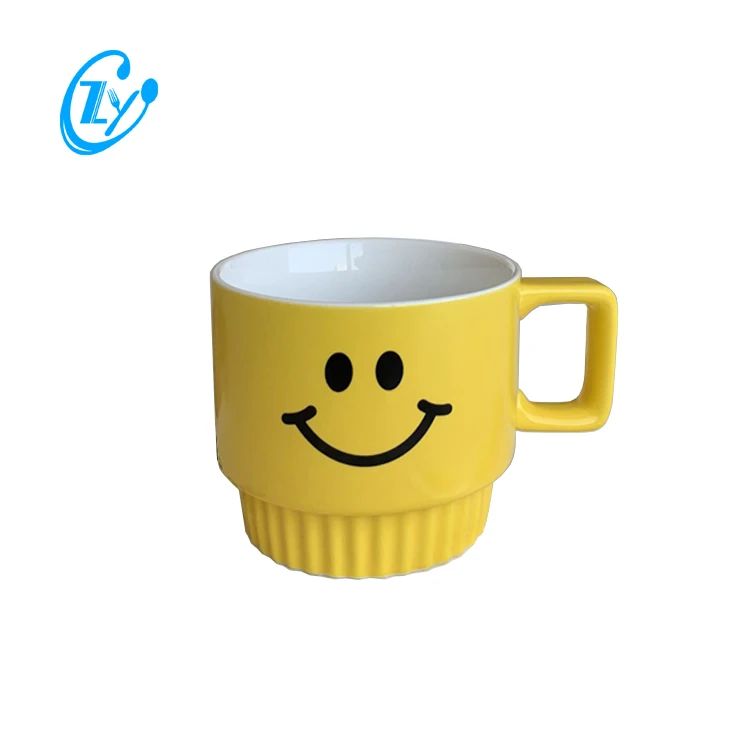 

Simple Design Smile Face Coffee Drinking Cup Ceramic Yellow Tea Water Mugs With Handle