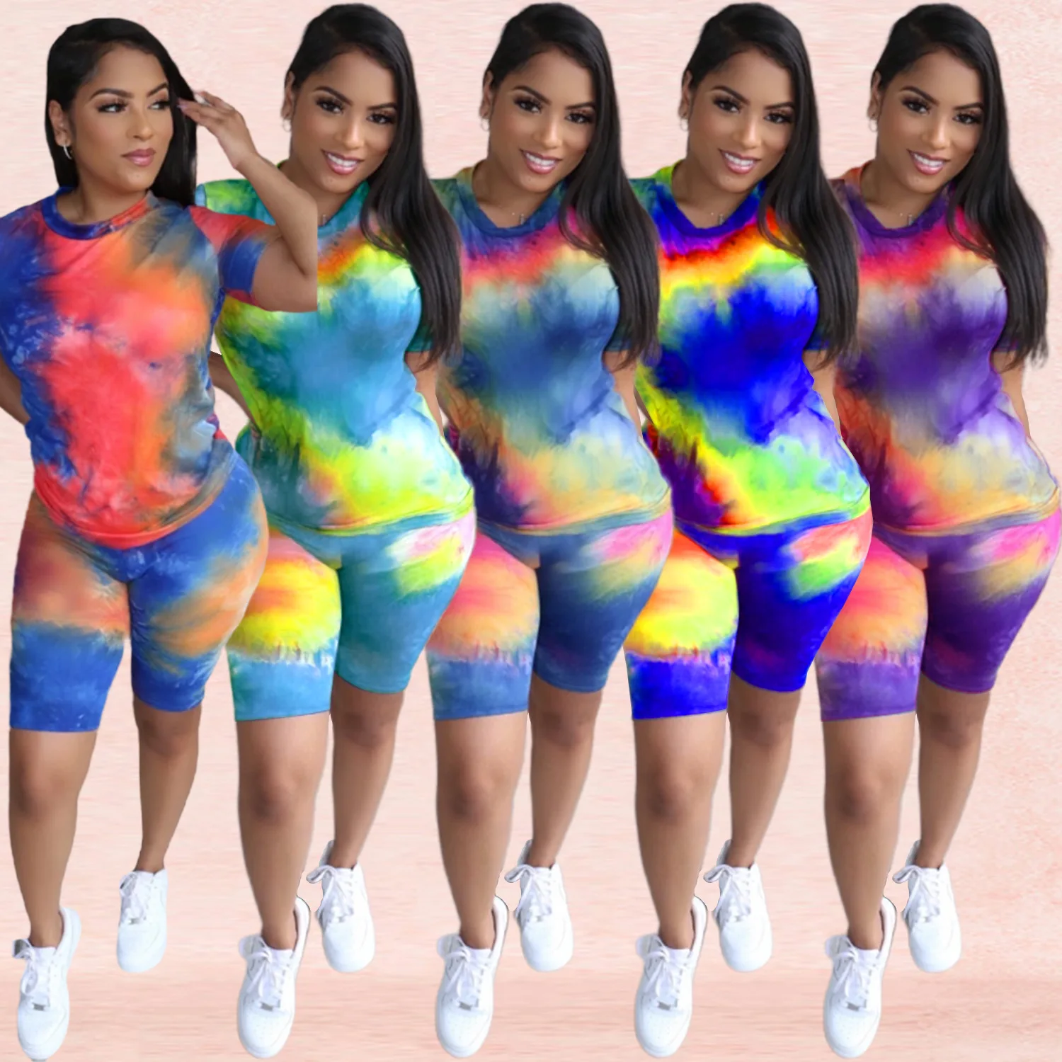 

Wholesale Popular Tie-dye Casual Home Sport swear Biker Shorts Set Suit For Women T-Shirt Short Sleeve Top Tees Two Piece set, Custom choose