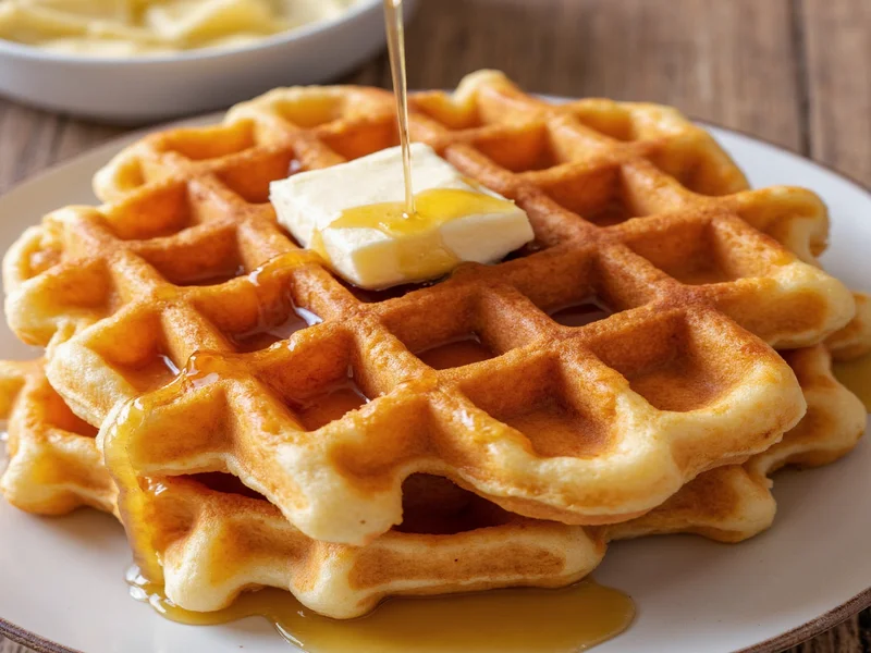 Crispy golden homemade waffles with syrup drizzle