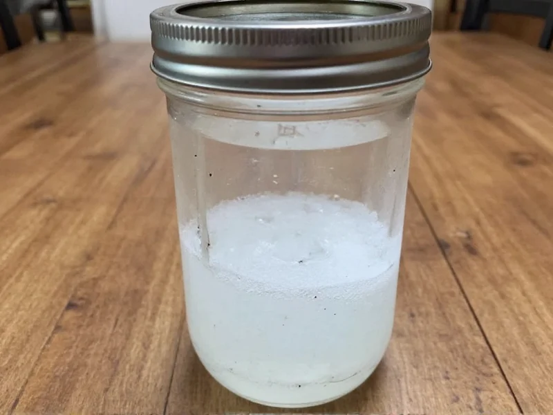 Homemade gnat trap setup with vinegar and dish soap in jar