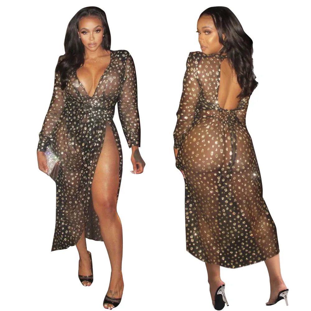 

Sexy Sheer Women Dress See Through One Piece V Neck Long Sleeve Dresses