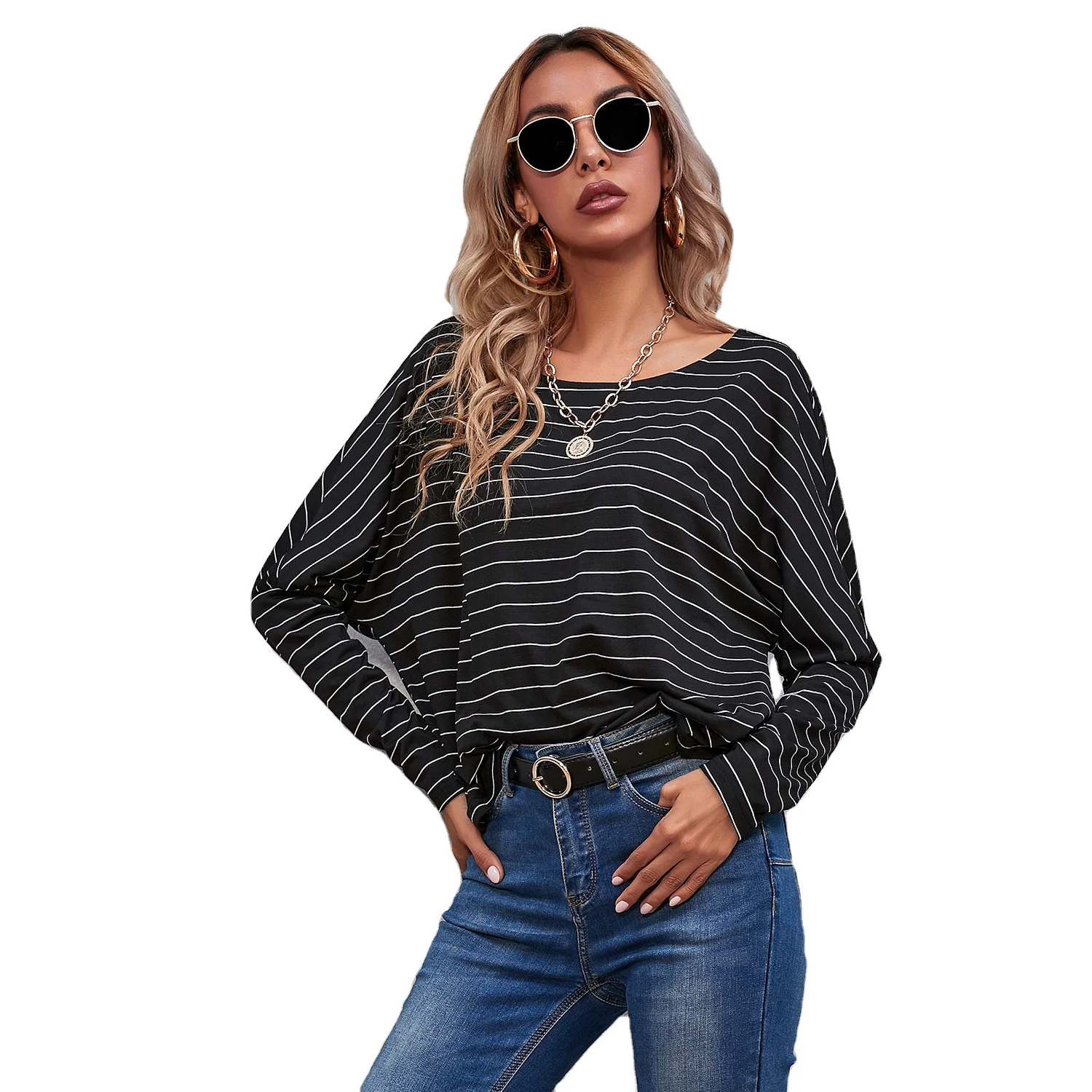 

Women Striped T Shirt Tops Casual Batwing Long Sleeve Office Loose Tees Top 2021 Autumn New Fashion Elegant Home Wear Clothing, Black gray white