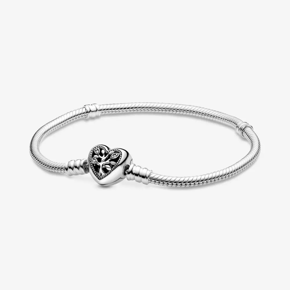 

925 Sterling Silver Family Tree Heart Clasp Snake Chain Openwork Love Shape Bracelet Fit Pando Charm DIY Jewelry For Women, Silver / rose gold / gold