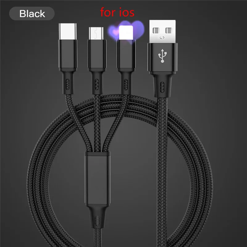 Free Sample durable quality 3A type c fast charging speed multi 3 in 1 usb charger cable for Iphone android cell phone