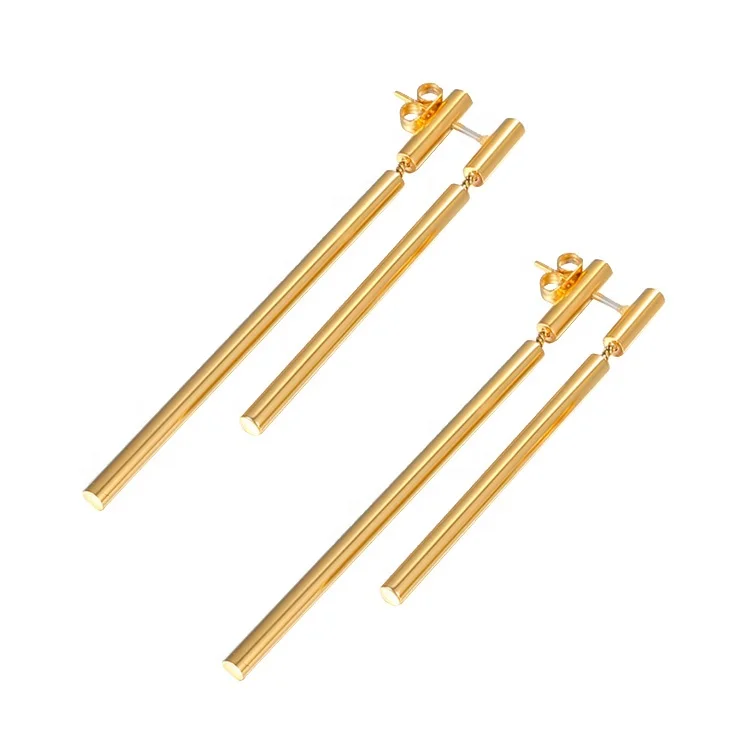 

18K Gold Plated Stainless Steel Jewelry Long Stick Front and Rear Structure Personality Accessories Earrings E5256