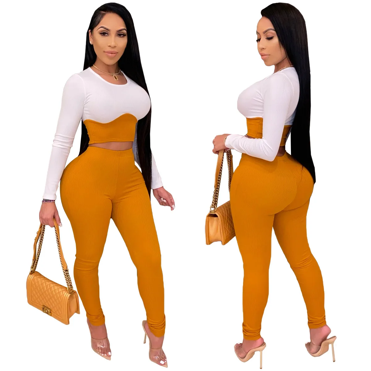 

B54091A New arrival women casual long sleeve fashion patchwork sports pants suit, Shown