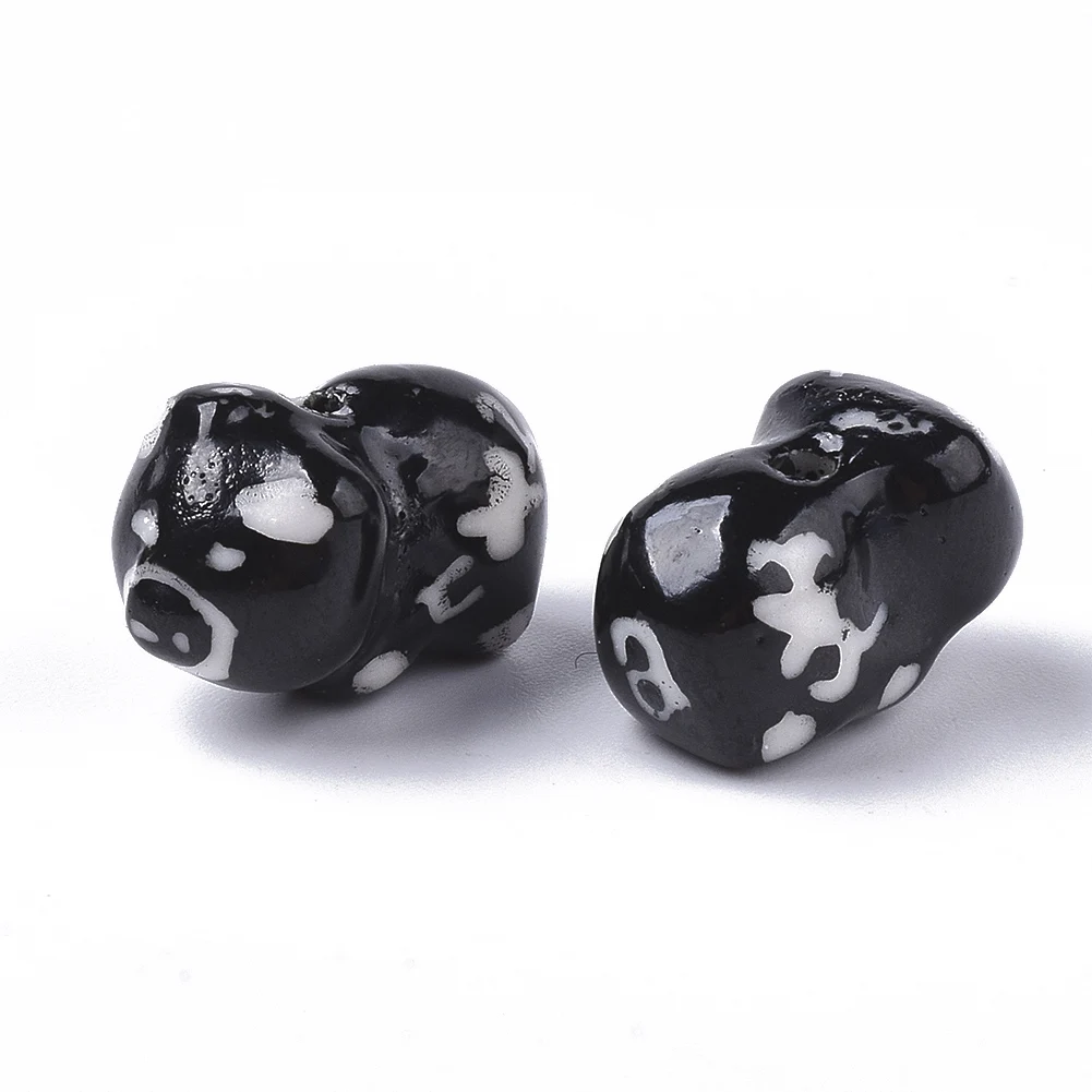 

Pandahall Famille Rose Style Cartoon Piggy Black Handmade Ceramic Beads