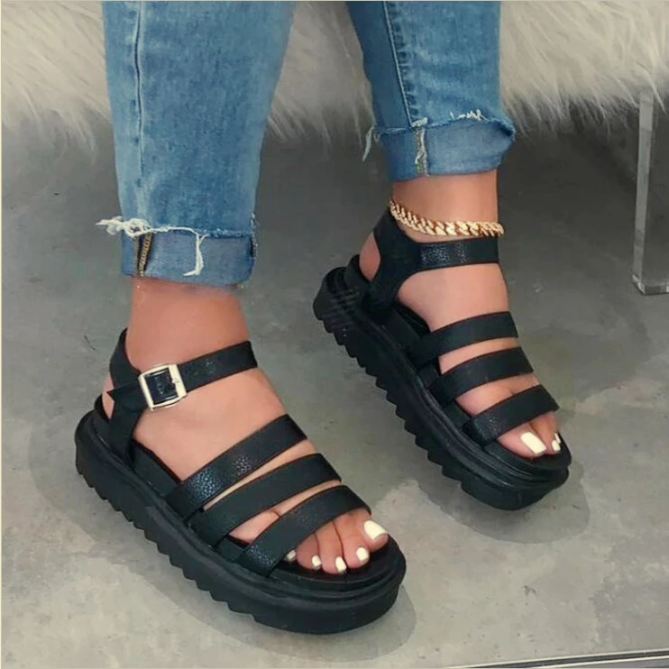 

Summer thick soled PU Strip large size small scented sandals for women, Peacock