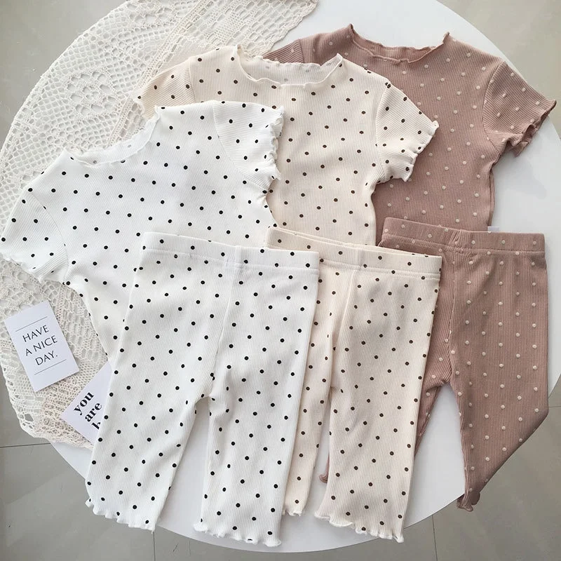 

Wholesale 2021 Ribbed Polka Dot Summer Baby Kids Pajamas Set