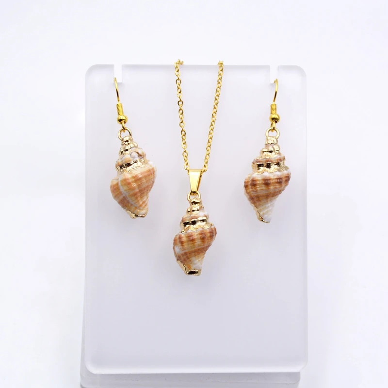 

Wholesale brown shell pearl fashion jewellery natural gold plated quality seashell pearl pendant earrings jewelry set for women, Natural colors