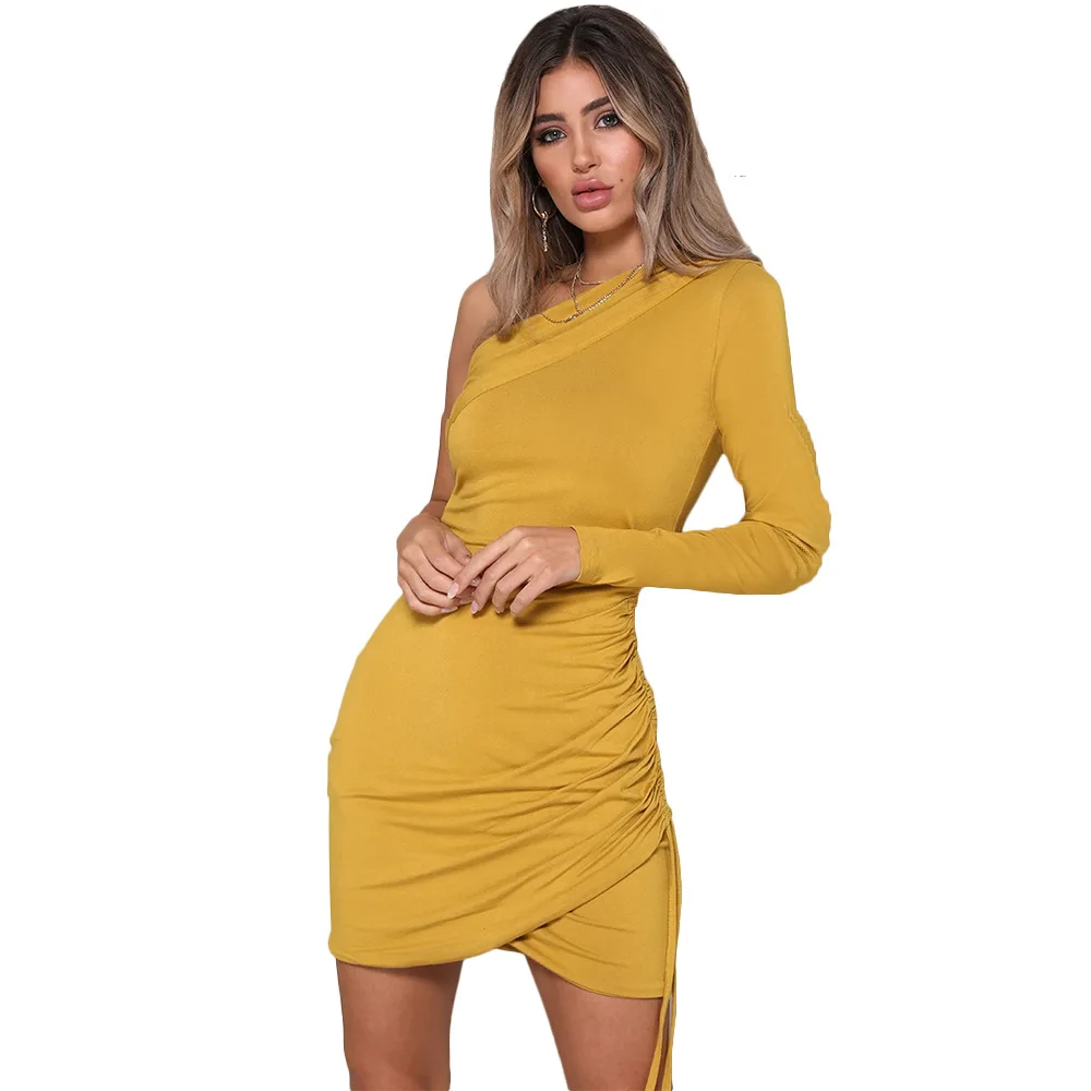 

2021 new one shoulder irregular cross wrap hip skirt solid color drawstring personalized Street Style Sexy Women's casual dress
