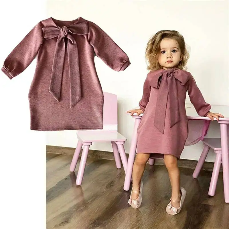 

New fashion toddler girls boutique fall long sleeve casual solid bow dress, Picture shows