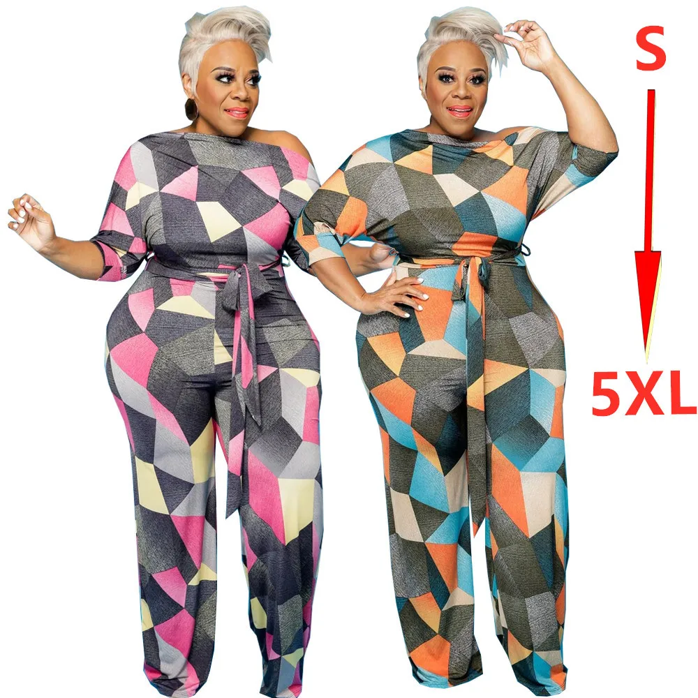 

Irregular Long Sleeve Jumpsuit One Shoulder Lace Up Waisted High Stretch Fashion Overalls Geometric Print Plus Size Jumpsuit, Pink , orange