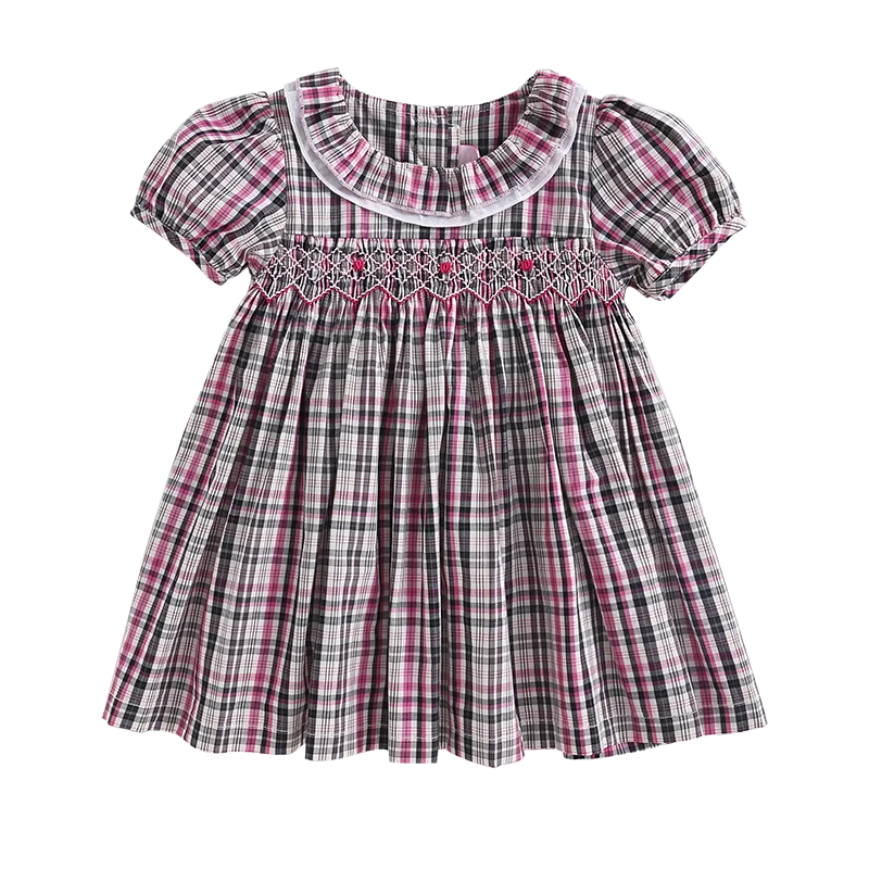 

Ruffles O neck short sleeve summer hand smocked plaid dress toddler infant girl dresses, Accept customized