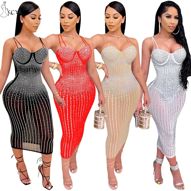 

KCYA Transparent Feast Sexy Even Summer Girl Elegant Long Party Lady Maxi Bodycon New Womens Diamond Night Club Dresses