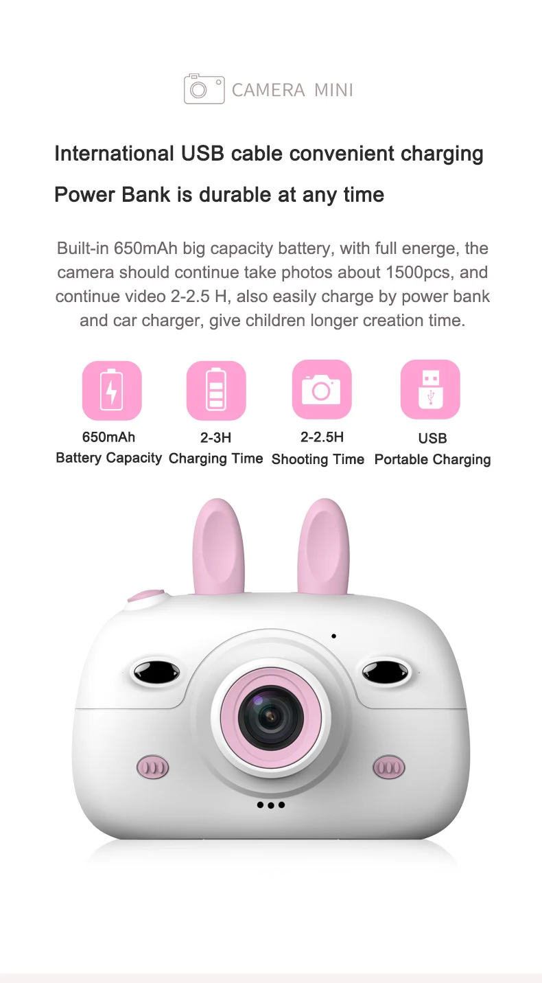Cute A3 Kids Camera Toys 2.4 inches Digital Kids Camera Front Camera 800w Pixels Double-flashlight Support 32G