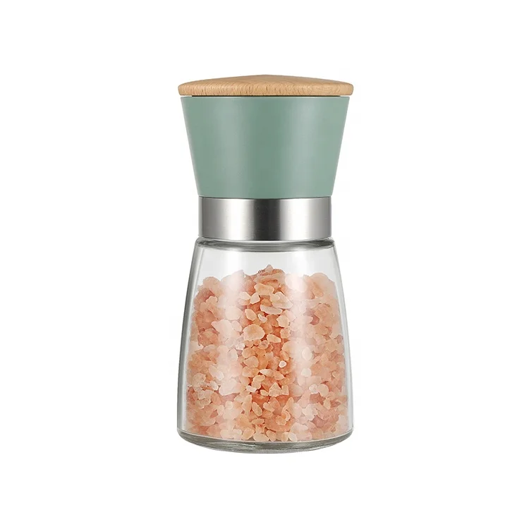

Colorful Plastic 170ml Glass Jar Wood Lid Ceramic Grinder Salt Pepper Mill