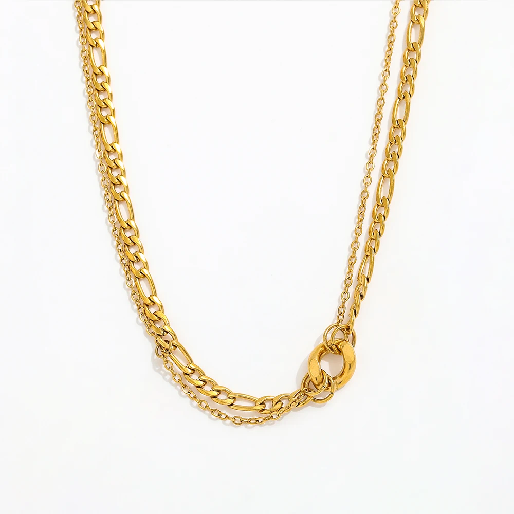 JOOLIM Ready to Ship High End 18k Gold Plated Stainless Steel Jewelry Double-layer Figaro Chain Necklace