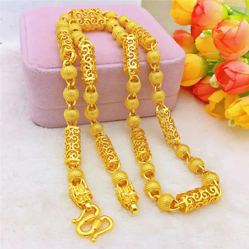 

Dropshipping Luxury 14K Gold Men's Necklace Hollow Beaded Chain Yellow Gold Necklace for Wedding Engagement Jewelry Gifts