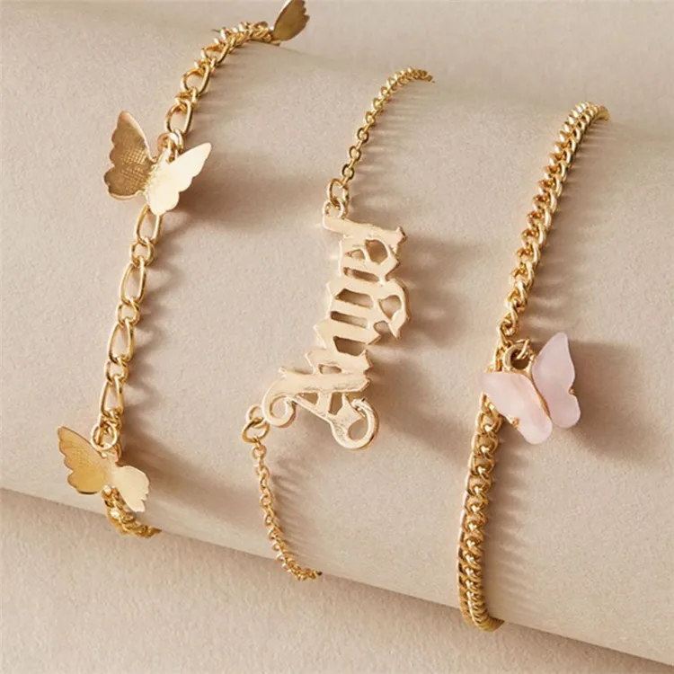 

New Name Numbers Angel Pendant Three-Layer Jewelry Bling Zodiac Date Year Butterfly Anklet, Gold