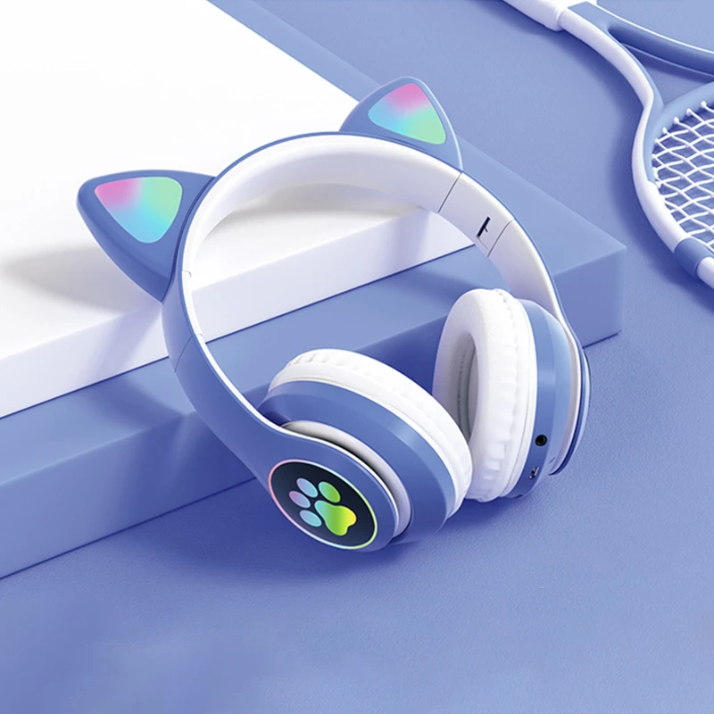 

RGB LED Flashing Cute Cat Ear Paw Headphone Hifi Stereo BT 5.0 Wireless Headset Noise Canceling Gaming Earphone, Black white pink blue red purple khaki