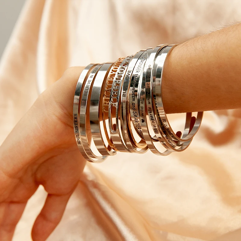 

Wholesale Custom Engraved 316 Stainless Steel Jewelry 18k Gold Plated Cuff Bracelets Bangles for women, White and rose gold
