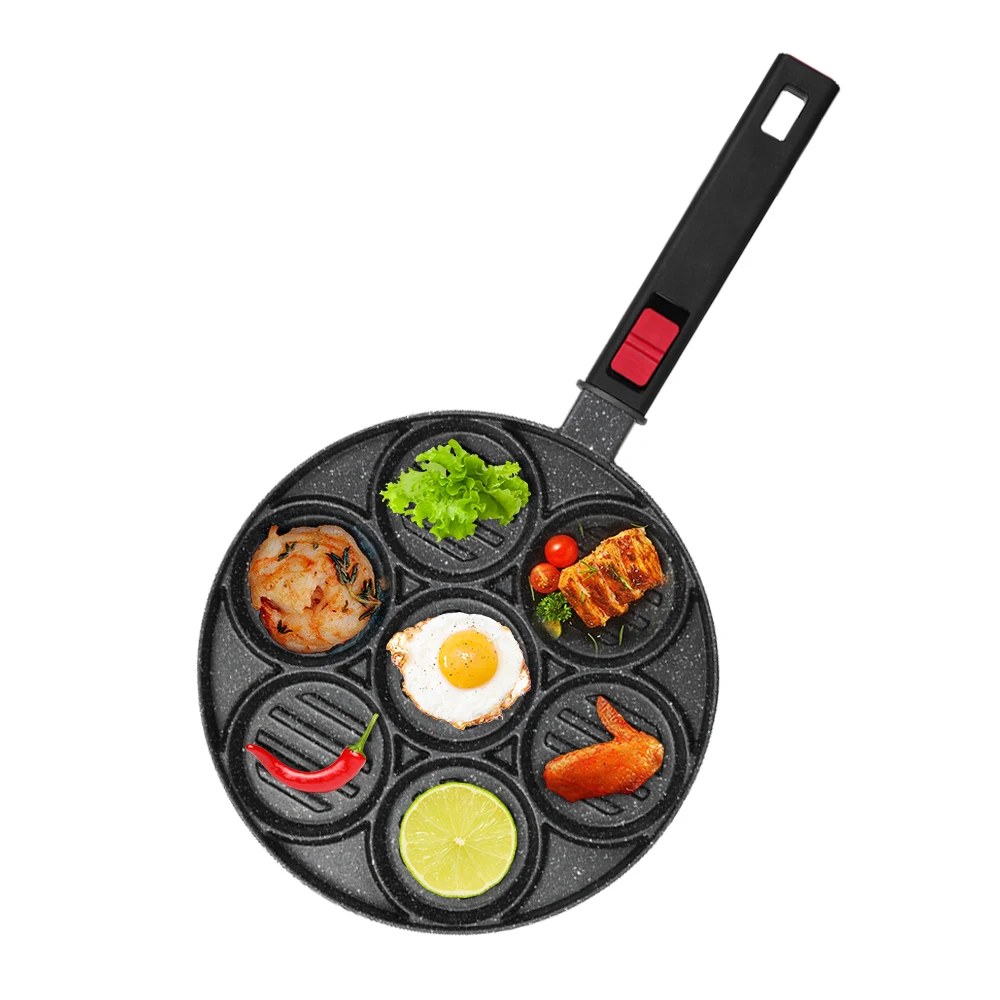 

7 hole Non-stick Aluminium detachable handle fry pan fried egg pan pancake mold pancake maker breakfast pan egg waffle fryer pot, Black