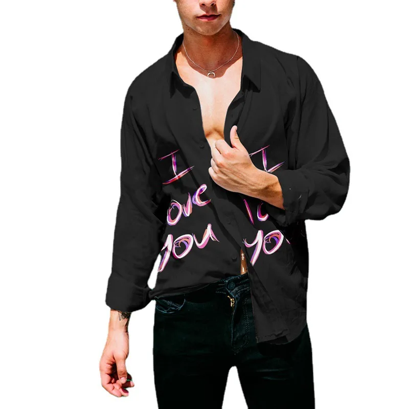 

Men's casual shirt 2022 new letter I LOVE YOU printing men's shirt Turn-down Collar long sleeve plus size Tops summer clothing, Blue black yellow