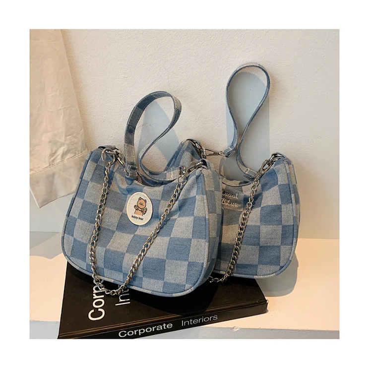 

Retro Denim Blue Checkerboard Armpit Purses Ins Women Underarm Bags Fashion Plaid Handbags and Purses Korean Style Student Bags