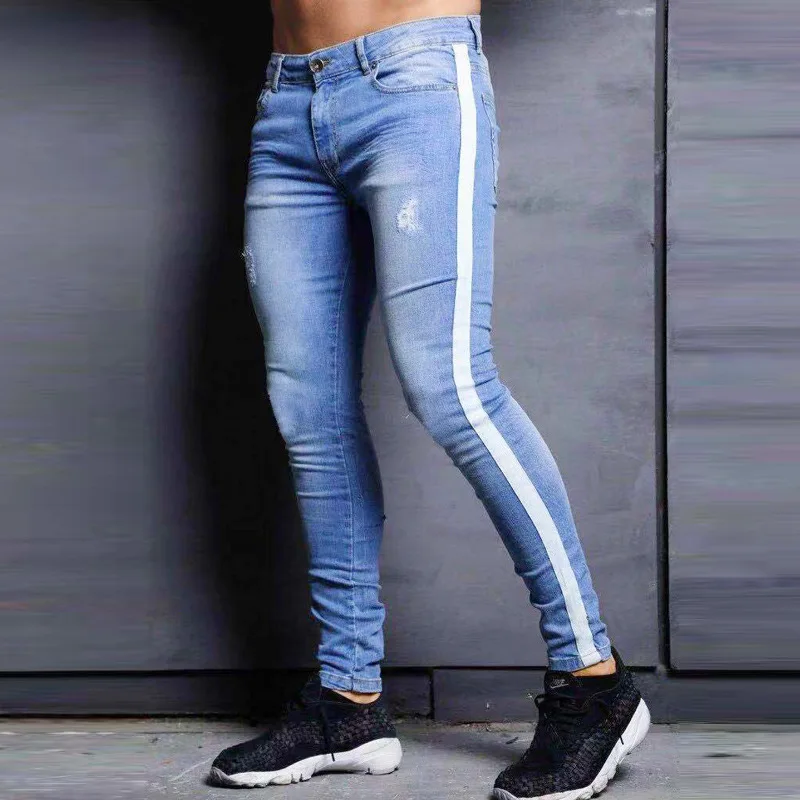 

2020 New Trendy Denim Pants With Broken Knees High Waisted Blue Men Skinny Jeans Ripped