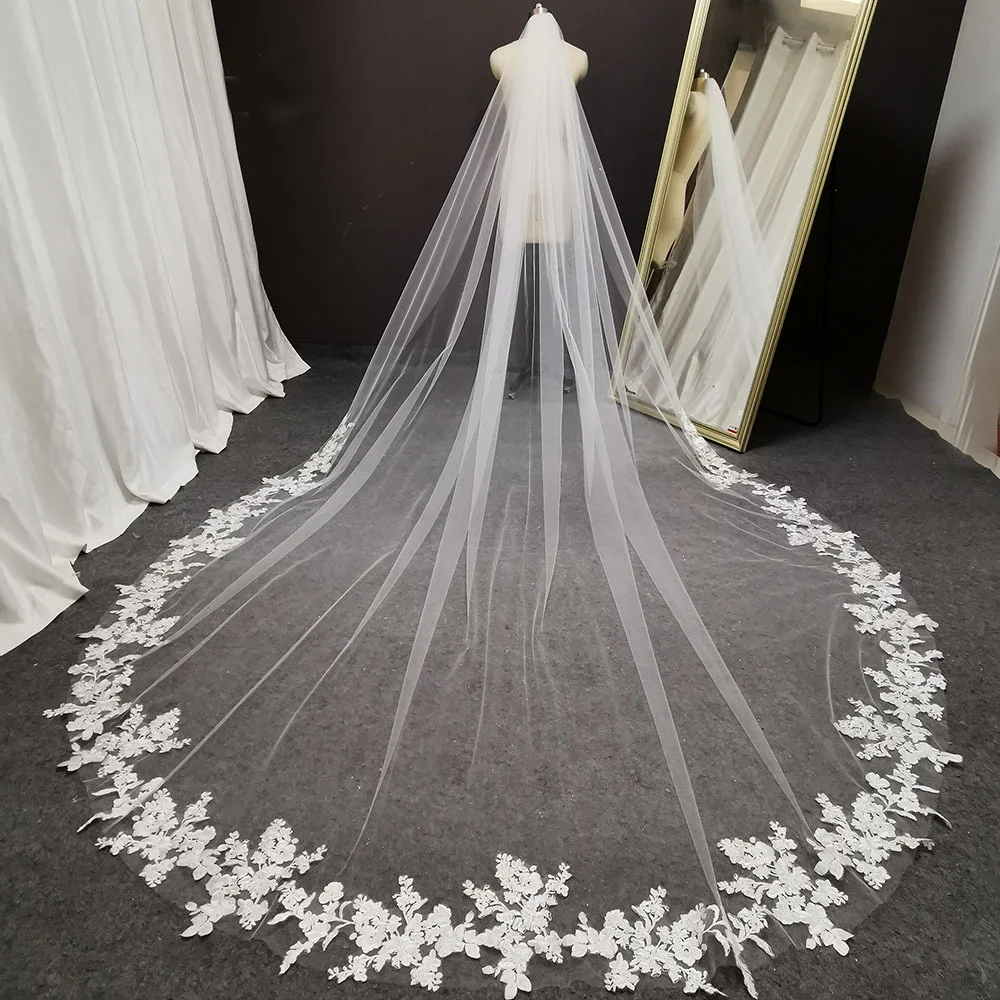 

Bridal Cathedral Veil White Ivory Three-dimensional Embroidery Flower Long Train Veil Delicate Wedding Lace Veil