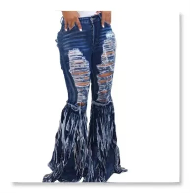 

Hot Sale Women Cut Out Denim Pants Destroyed Ripped Fringe Flare Pantalones Jeans