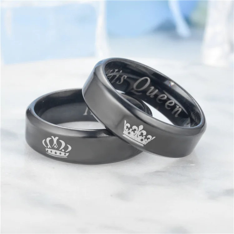 

High Quality His Queen Her King Printed Engravable Couple Rings Titanium Steel Crown Rings for Women and Men, 3colors or custom