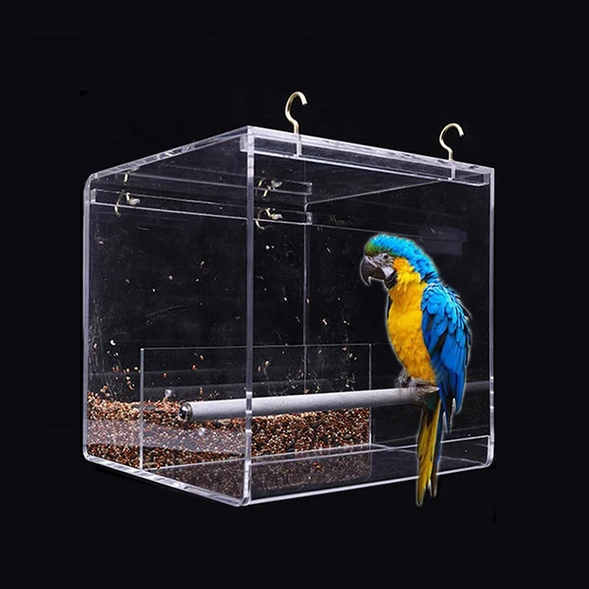 

Birds Supplies Parrot Feed Bath 360 Degree View Acrylic Hanging Cage Budgies Bird Feeder Box, Transparent