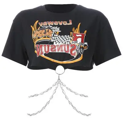 

Hot-selling hip-hop print sexy chain decoration loose hip-hop T-shirt women's clothing in summer of 2021