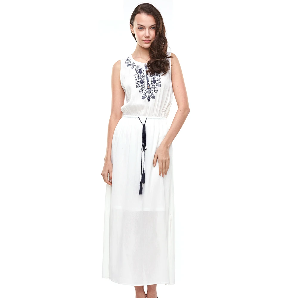 

Women's 2020 Casual Maxi Sleeveless Bohe Dresses Ladies Vintage Embroidery White Long Summer Dress Clothes Wholesale