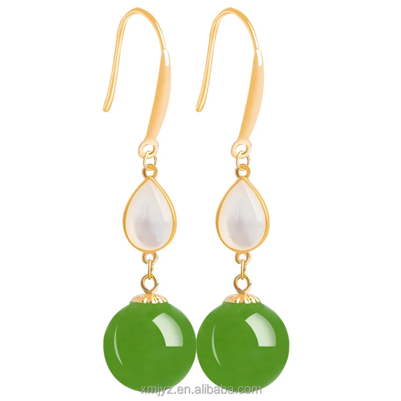 

Certified Grade A Natural Spinach Green Old Material And Tianyu Green Jade White Shell Women's 18K Gold Inlaid Jade Earrings