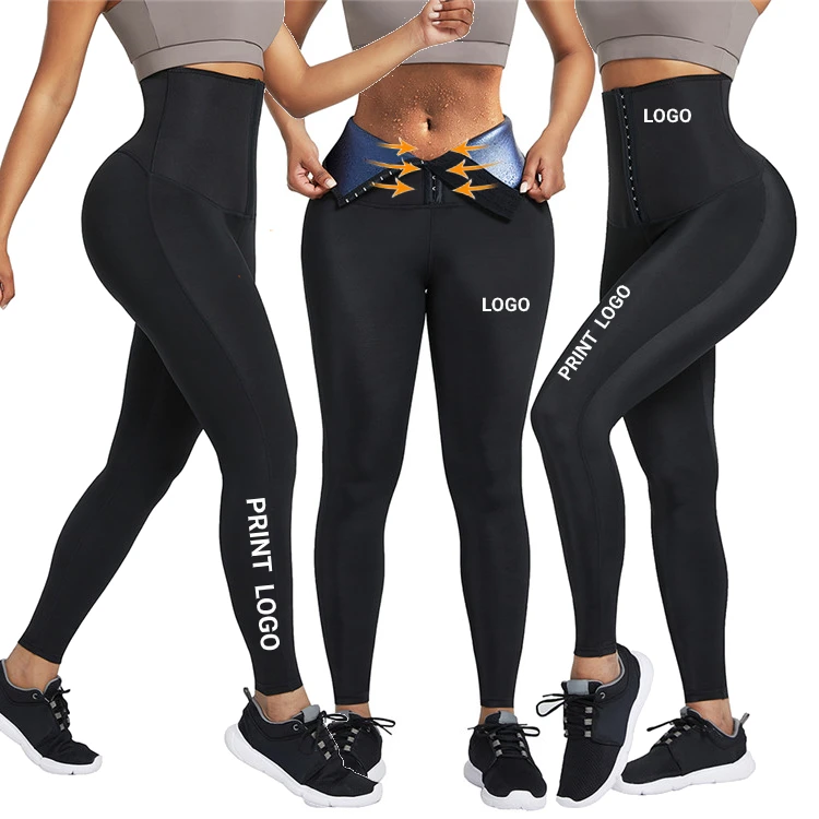 

Custom Logo Adjustable Hooks Fat Burning Slimming Sauna Sweat Waist Trainer Corset Legging Women Yoga Fitness Leggings, As show
