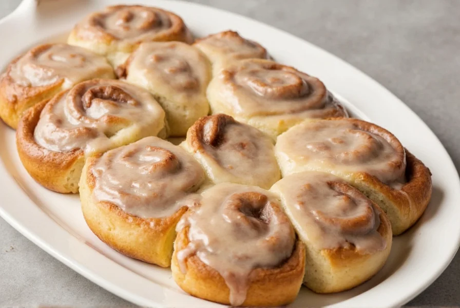 Professional baker applying smooth glaze to golden brown cinnamon rolls on baking sheet